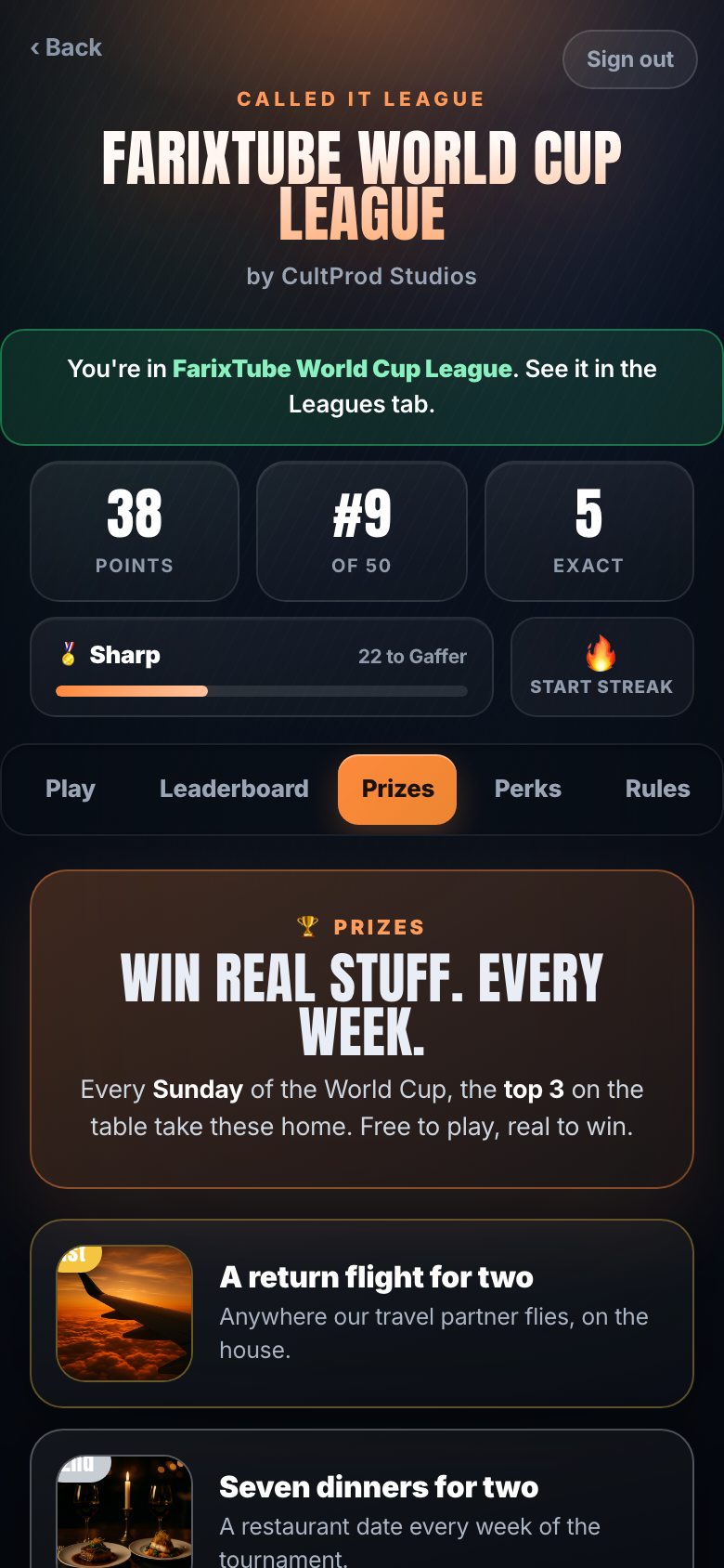 A branded Called It with prize, message and live standings