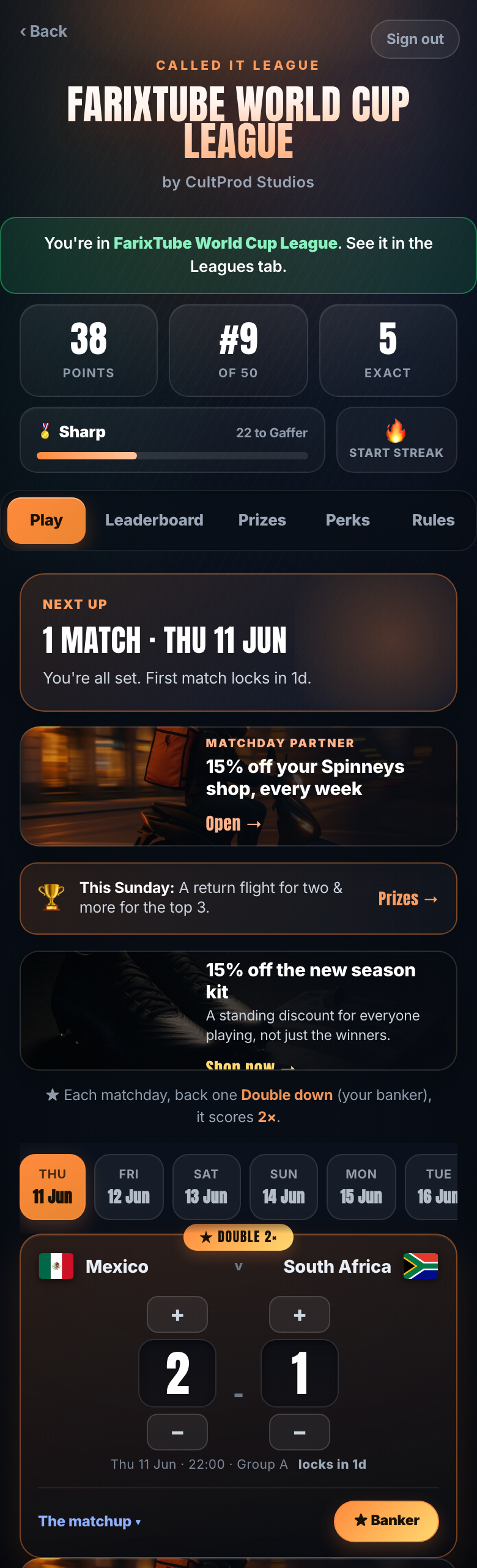 The daily Called It pick screen where fans predict every match