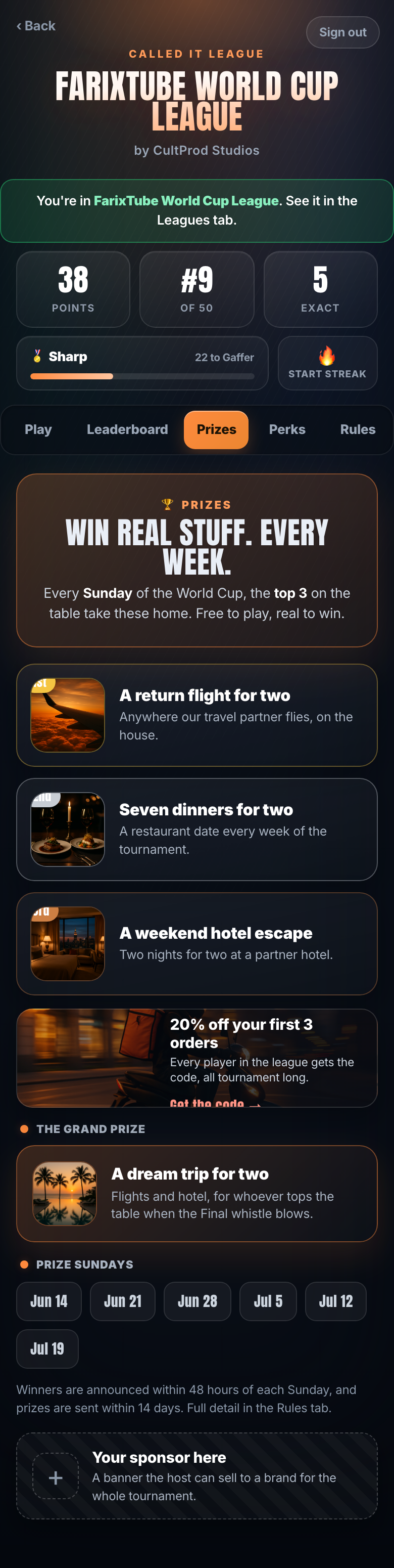 The Prizes tab showing weekly prizes up for grabs